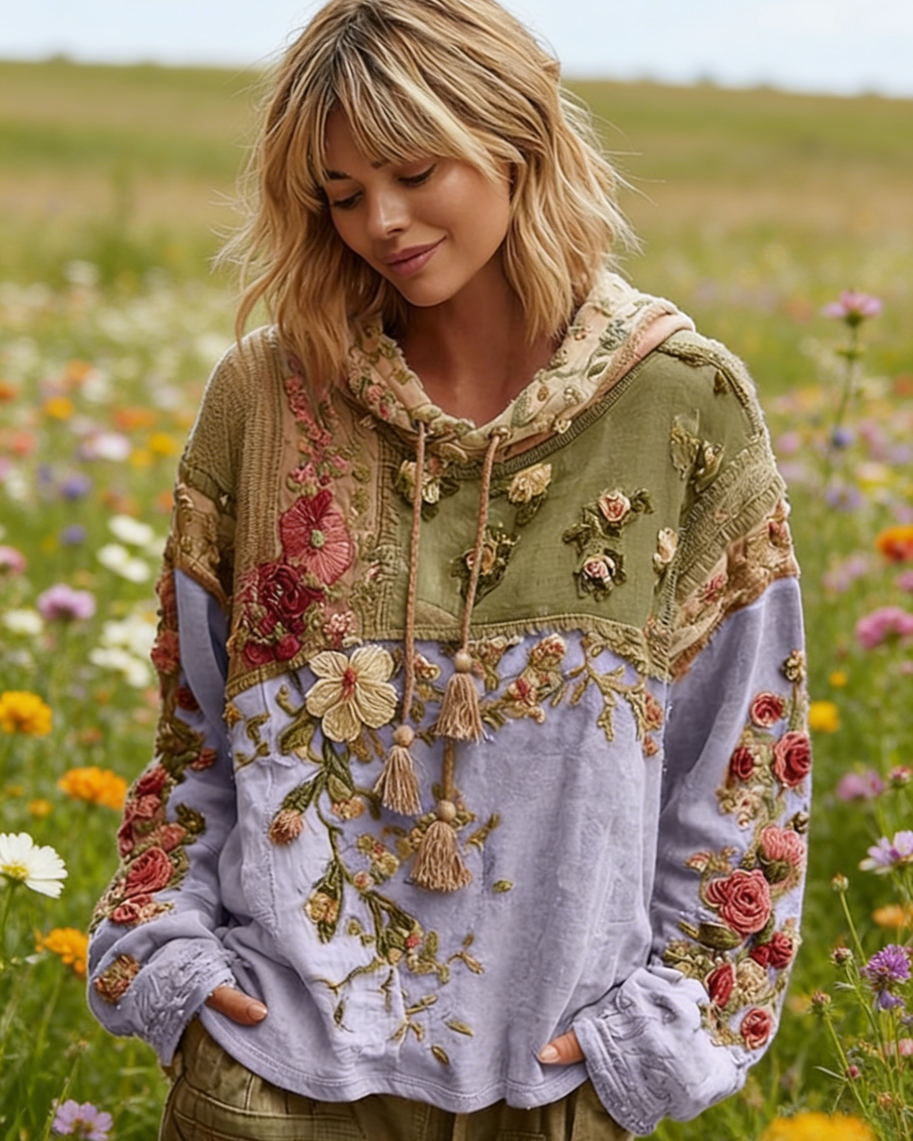 Boho Hoodie Damen Lavendel: Vintage Floral-Print mit 3D-Effekt Rosen, Oversize Kapuzenpullover, Patchwork-Design, Ganzjährig S-5XL