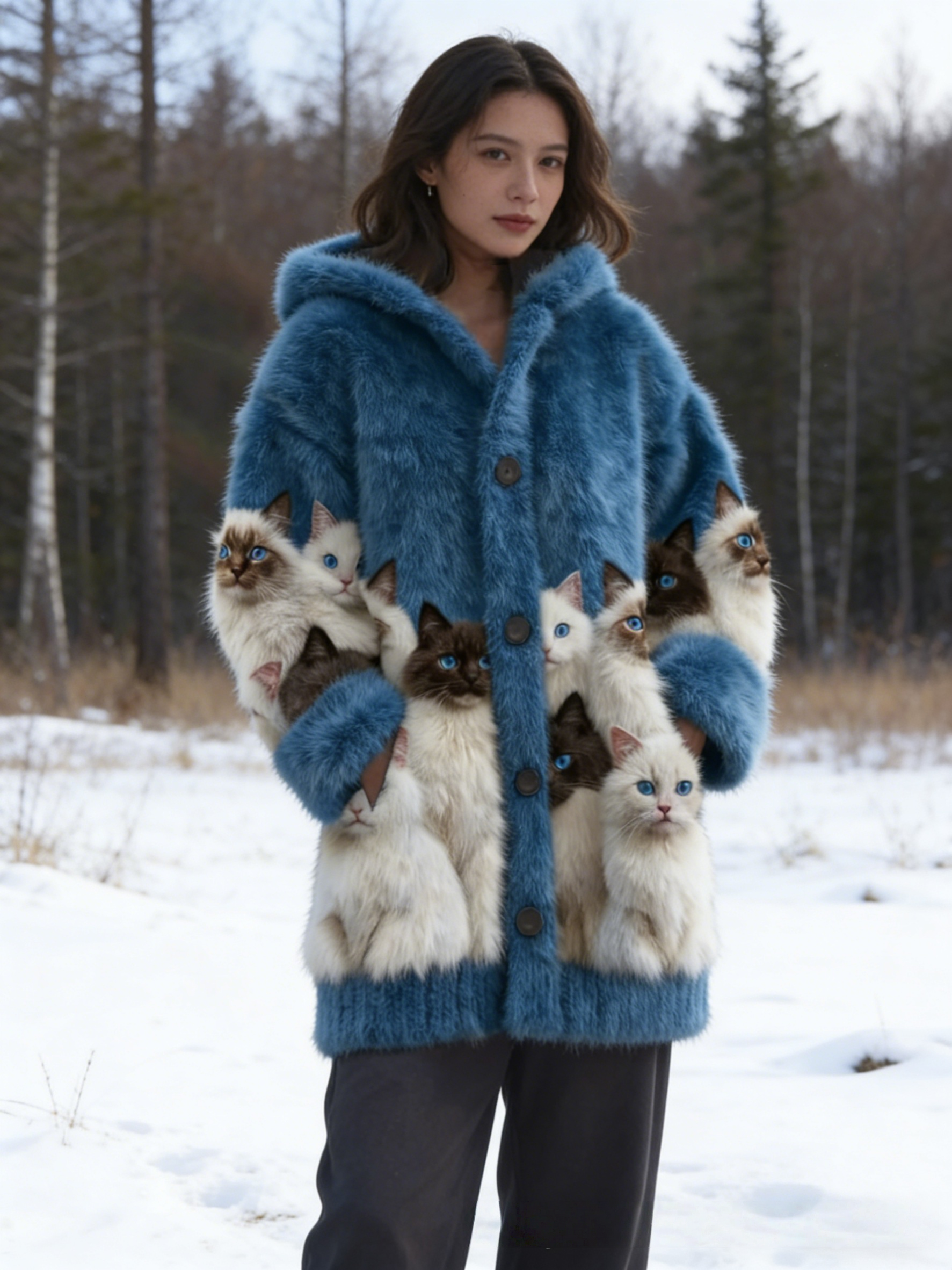 Flauschige Damen Winterjacke mit 3D-Katzen: Teddy-Fleece, Warm & Niedlich, S-5XL