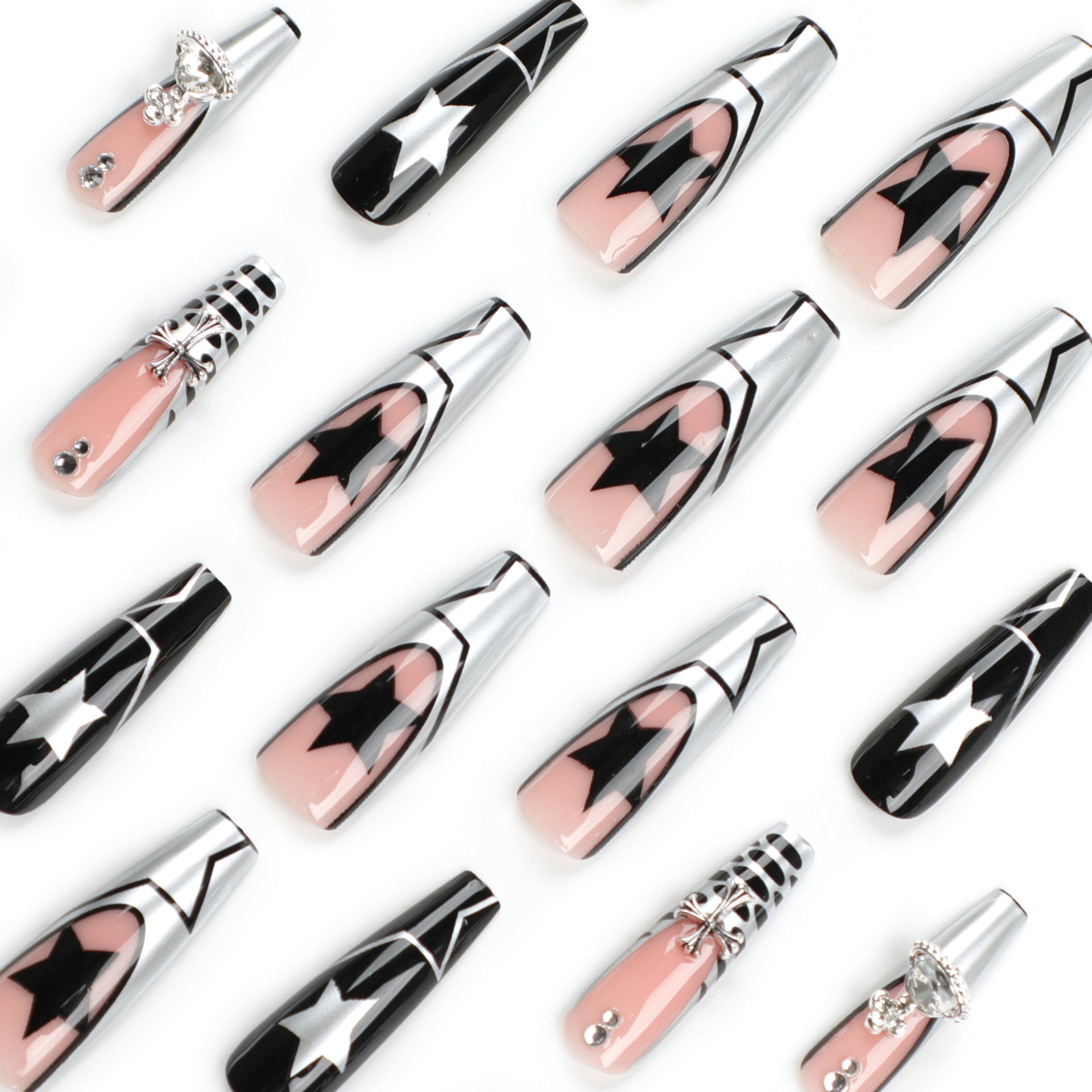 StarNagel Ballerina Nägel in Schwarz mit Chrome Herz und Kreuz