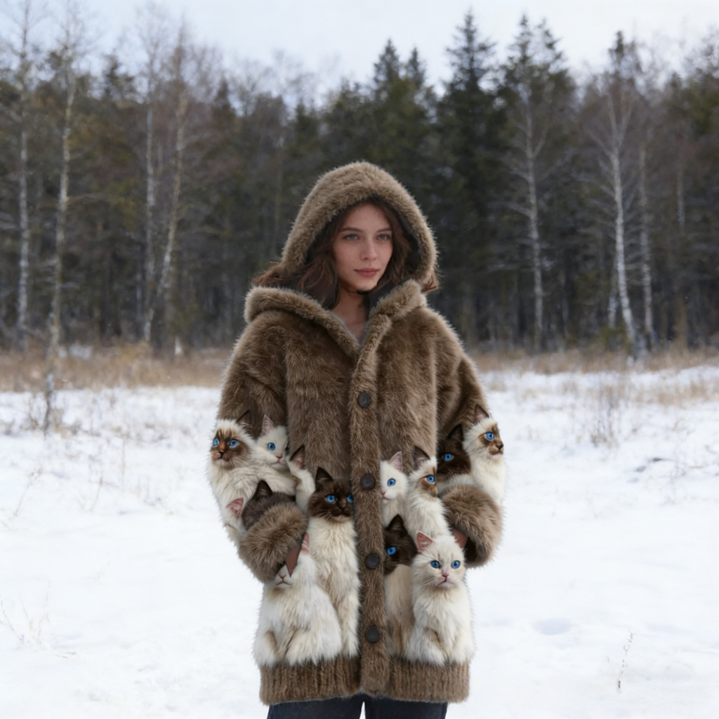 Flauschige Damen Winterjacke mit 3D-Katzen: Teddy-Fleece, Warm & Niedlich, S-5XL