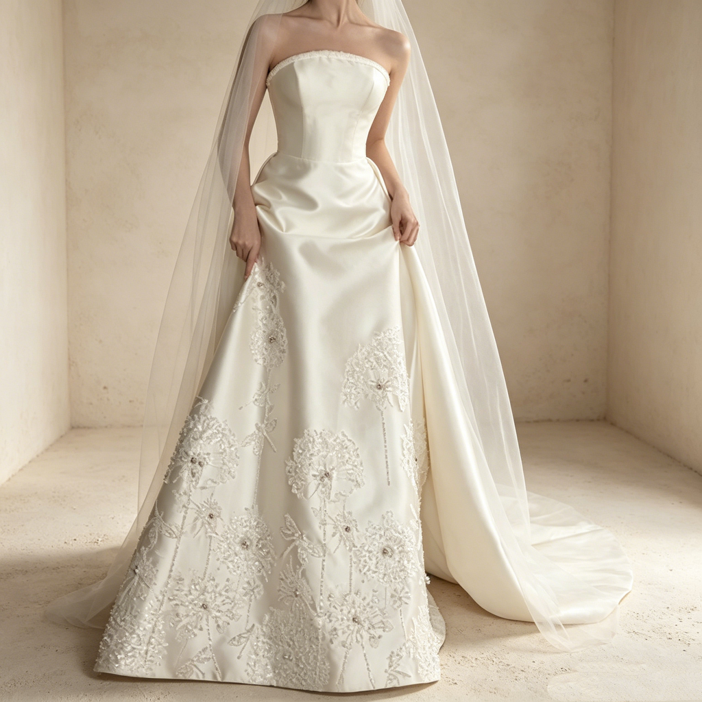 Trägerloses Abendkleid aus Satin mit floraler Bestickung und Schleppe in Creme