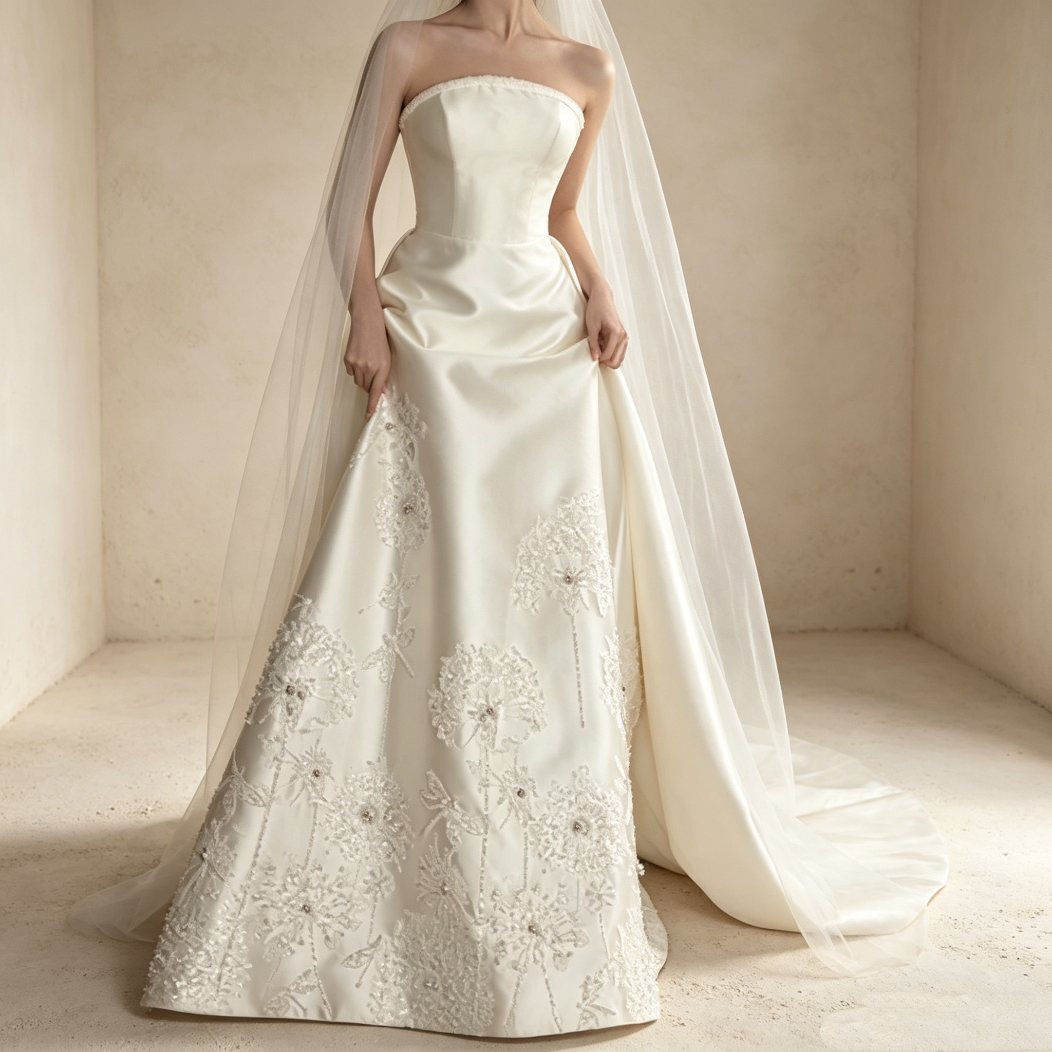 Trägerloses Abendkleid aus Satin mit floraler Bestickung und Schleppe in Creme