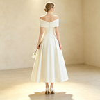 Elegantes A-Linien Satin-Abendkleid mit Carmen-Ausschnitt, Wadenlanges Gala Kleid Weiß