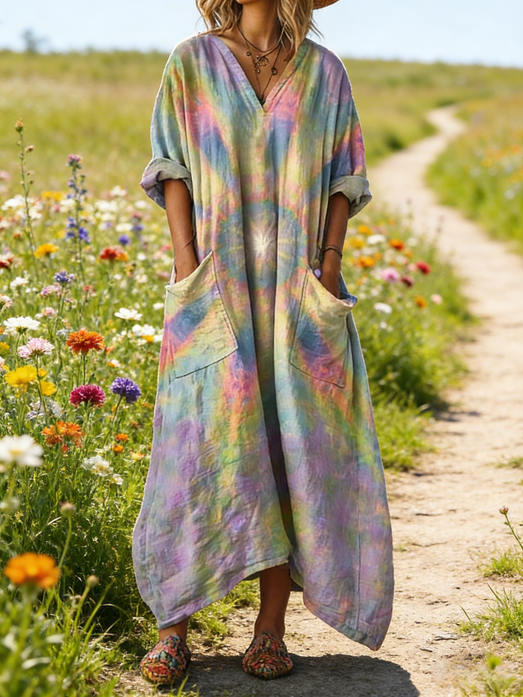 Damen Boho-Maxikleid im Vintage-Stil Bunt: Kunstvoller Batik-Print, V-Ausschnitt & Praktische Taschen, Bequeme Passform, Ganzjährig S-5XL