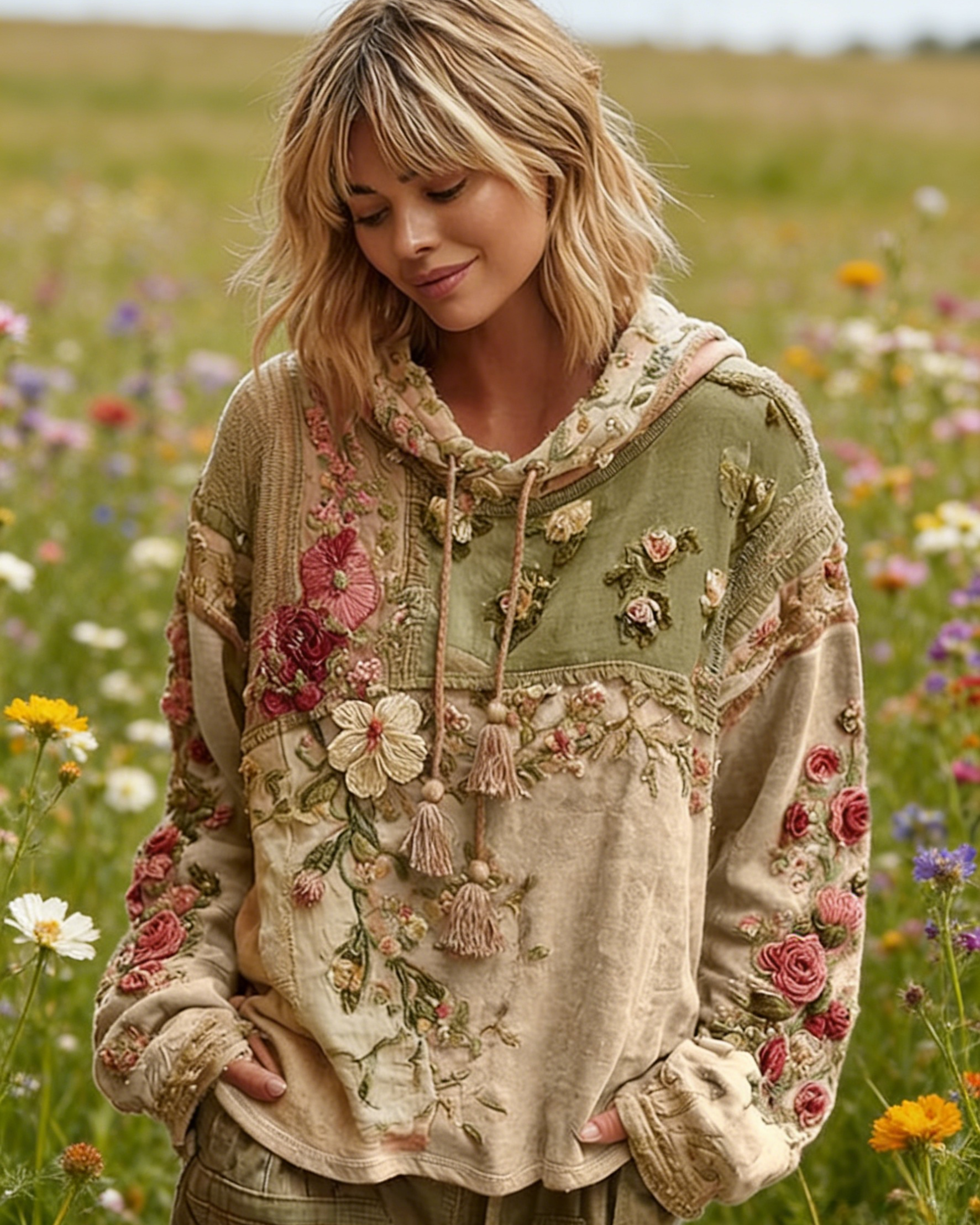 Boho Hoodie Damen Beige-Vintage: Floral-Print mit 3D-Effekt Rosen, Oversize Kapuzenpullover, Patchwork-Design, Ganzjährig S-5XL