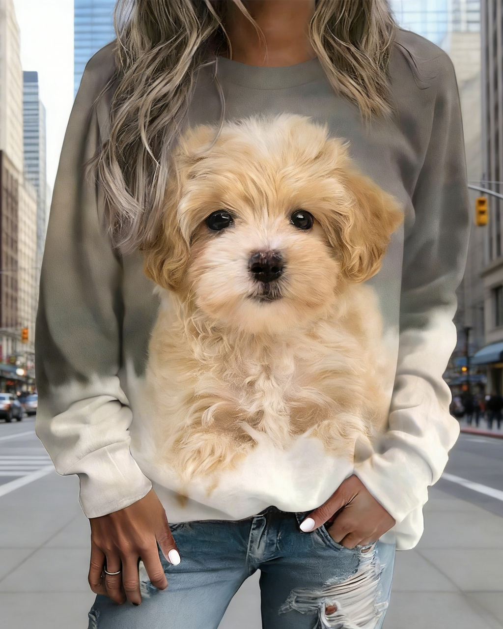 Damen Sweatshirt mit 3D-Hundemotiv Grau-Weiß: Süßer Grafik-Print (Goldie-Welpe), Rundhals & Bequeme Passform, Ganzjährig S-5XL