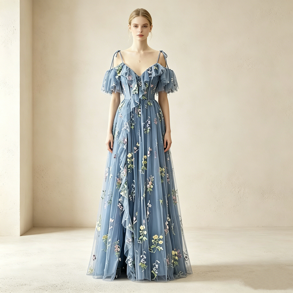 Elegantes Off-Shoulder Abendkleid lang mit Rüschen | Florales Festkleid Tüll