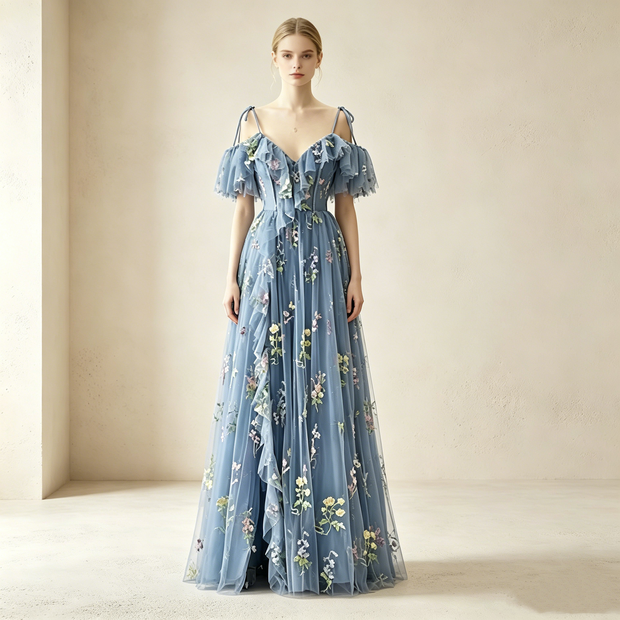 Elegantes Off-Shoulder Abendkleid lang mit Rüschen | Florales Festkleid Tüll