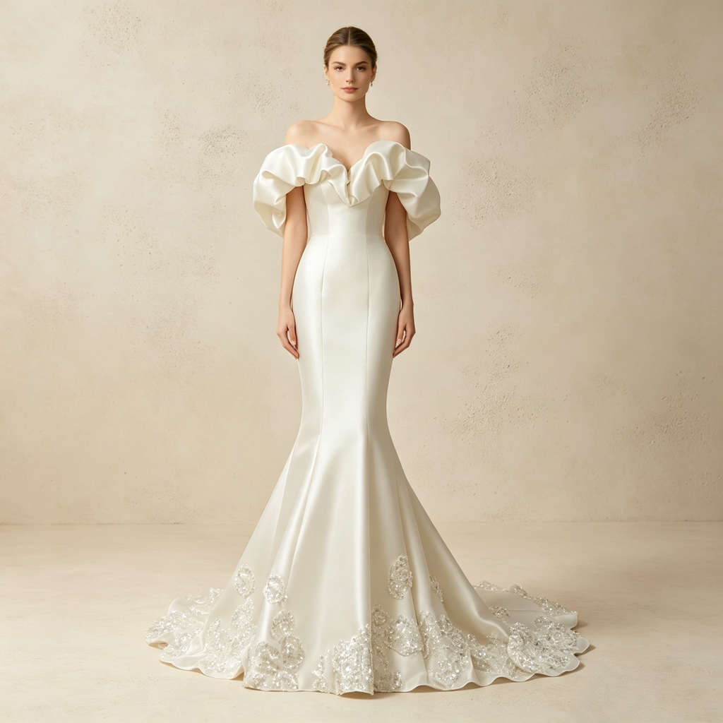 Schulterfreies Meerjungfrau Abendkleid mit Rüschen – Satin Maxikleid