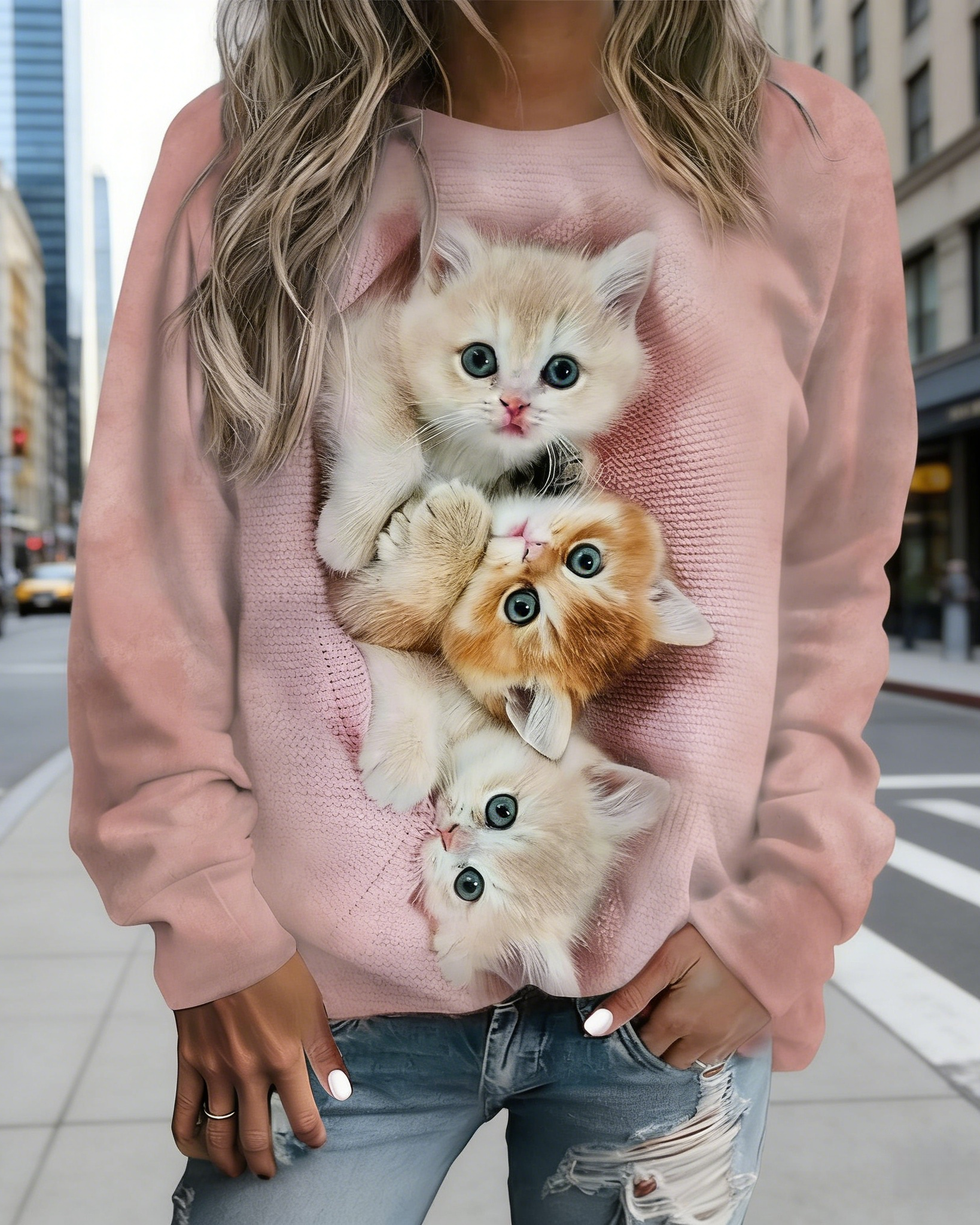 Damen Sweatshirt mit 3D-Katzenmotiv Rosa: Süßer Tierprint (Drei Kätzchen), Rundhals & Bequeme Passform, Ganzjährig S-5XL