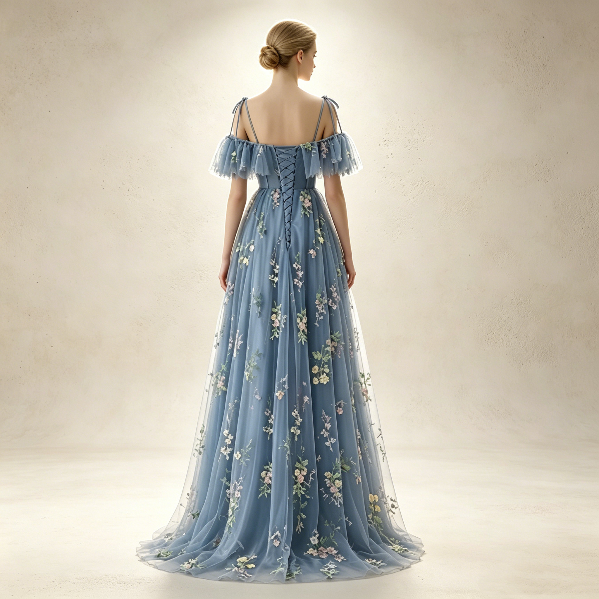 Elegantes Off-Shoulder Abendkleid lang mit Rüschen | Florales Festkleid Tüll
