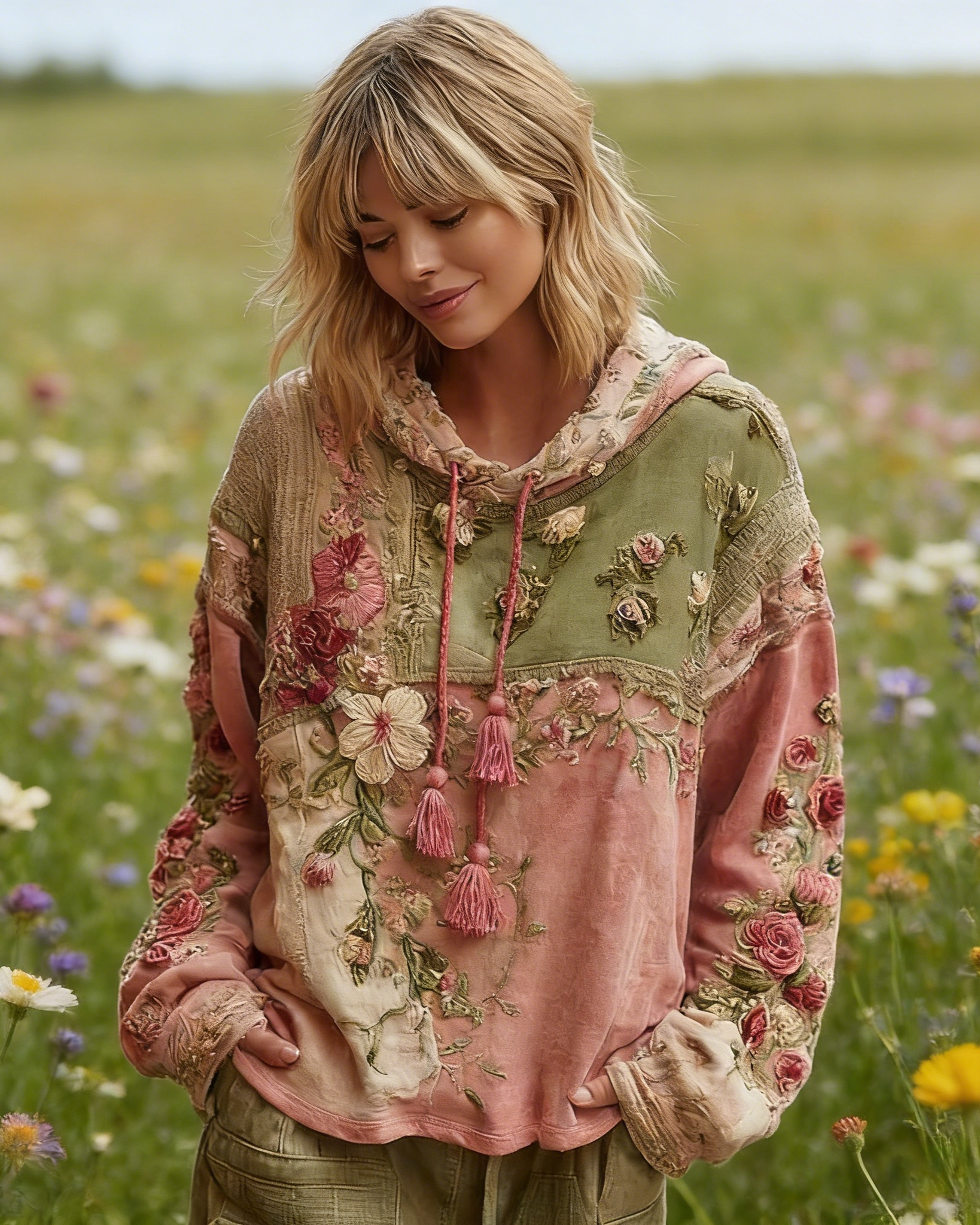 Boho Hoodie Damen Altrosa: Vintage Floral-Print mit 3D-Effekt Rosen, Oversize Kapuzenpullover, Patchwork-Design, Ganzjährig S-5XL