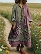 Damen Boho-Maxikleid im Lagen-Look Salbeigrün: Kunstvolle Rosen-Applikation, V-Ausschnitt & Praktische Taschen, Bequeme Passform, Ganzjährig S-5XL