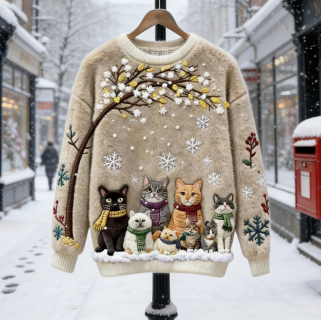 Christmas Cats Stickerei Damen Gemütlicher Weihnachts-Katzen Flauschpullover