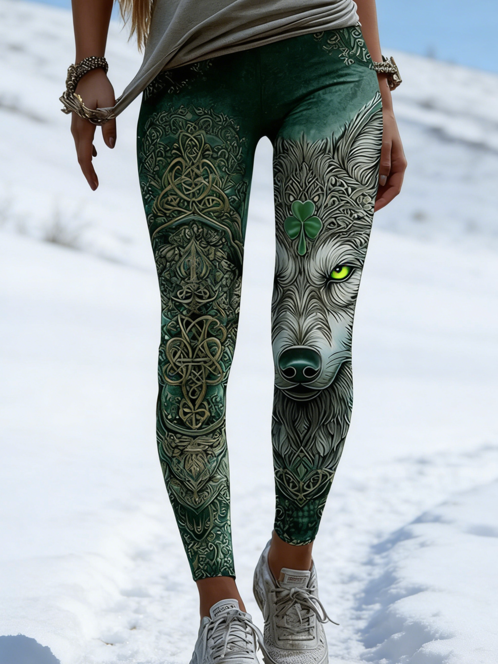 Viking Leggings Grün: 3D-Druck Wolf & Kleeblatt, Shaping, Hoher Bund S-5XL