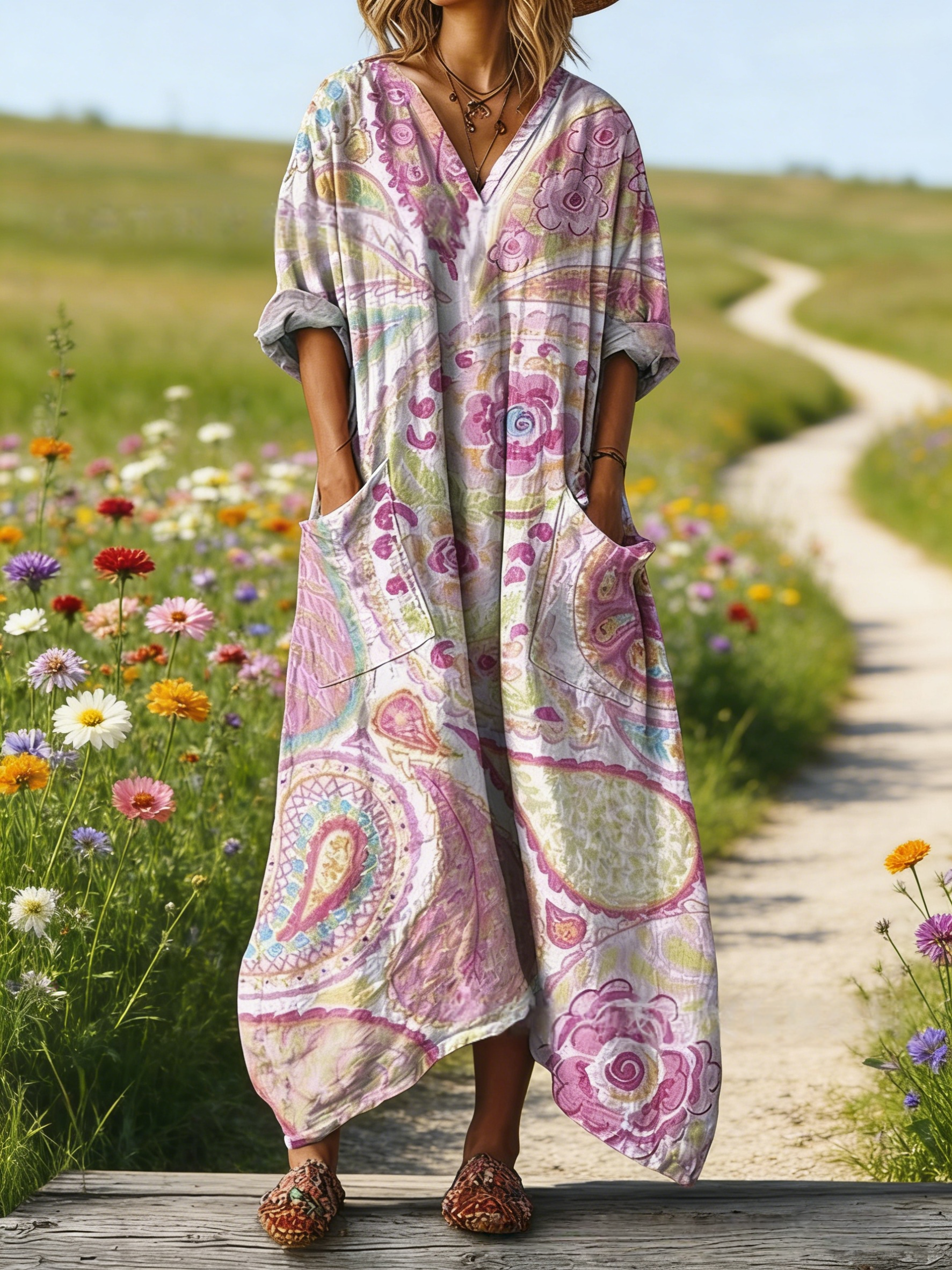 Damen Boho-Maxikleid im Vintage-Stil Off-White: Romantischer Paisley-Print, V-Ausschnitt & Praktische Taschen, Bequeme Passform, Ganzjährig S-5XL