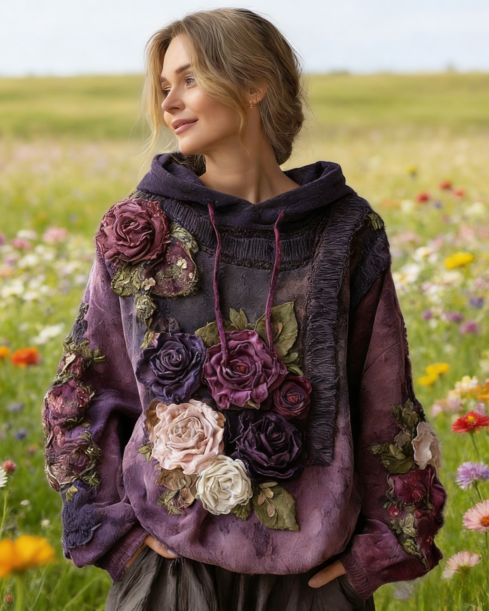 Boho Hoodie Damen Dunkelviolett: Vintage Floral-Print mit 3D-Effekt Rosen, Oversize Kapuzenpullover, Art-Design, Ganzjährig S-5XL