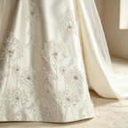 Trägerloses Abendkleid aus Satin mit floraler Bestickung und Schleppe in Creme