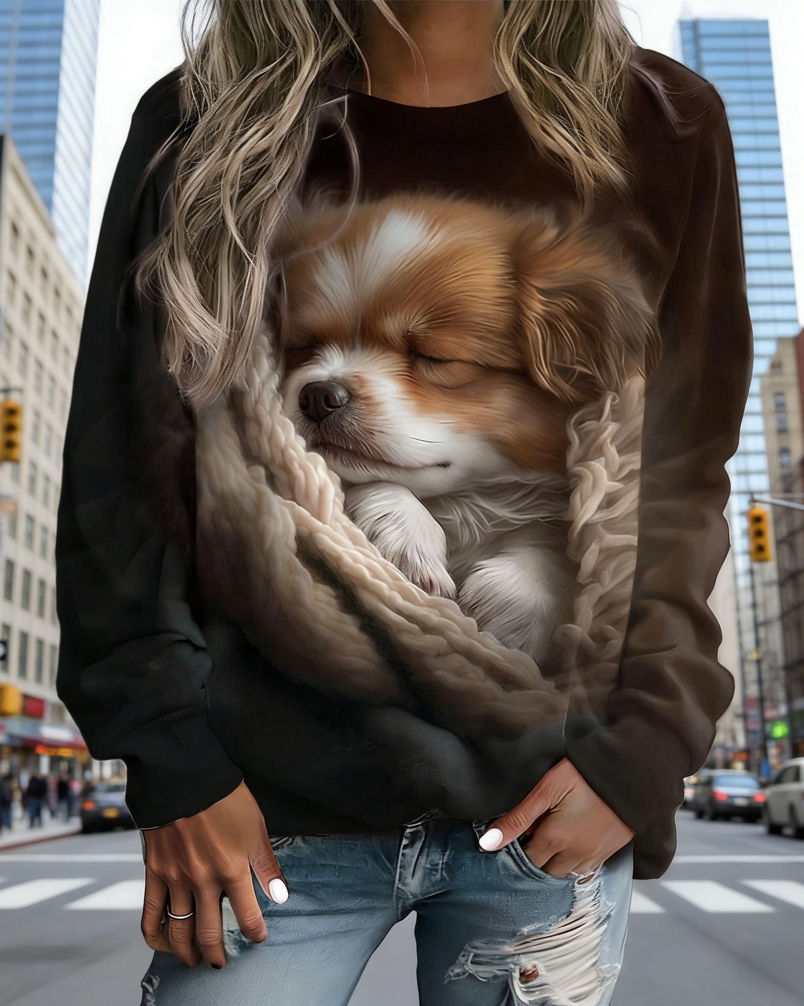 Damen Sweatshirt mit 3D-Hundemotiv Braun/Schwarz: Süßer schlafender Welpe Grafik-Print, Rundhals & Bequemer Fit, Ganzjährig S-5XL