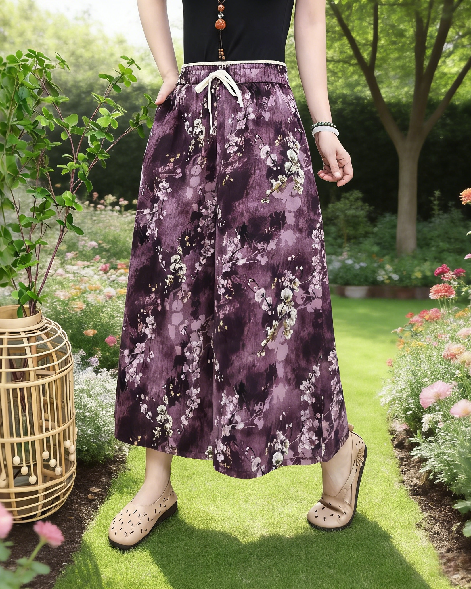 Boho Damen Weite Hose Dunkellila: Luftige Freizeithose mit Vintage-Blumenmuster, Bequeme Baumwoll-Mix Culotte mit Kordelzug Einheitsgröße