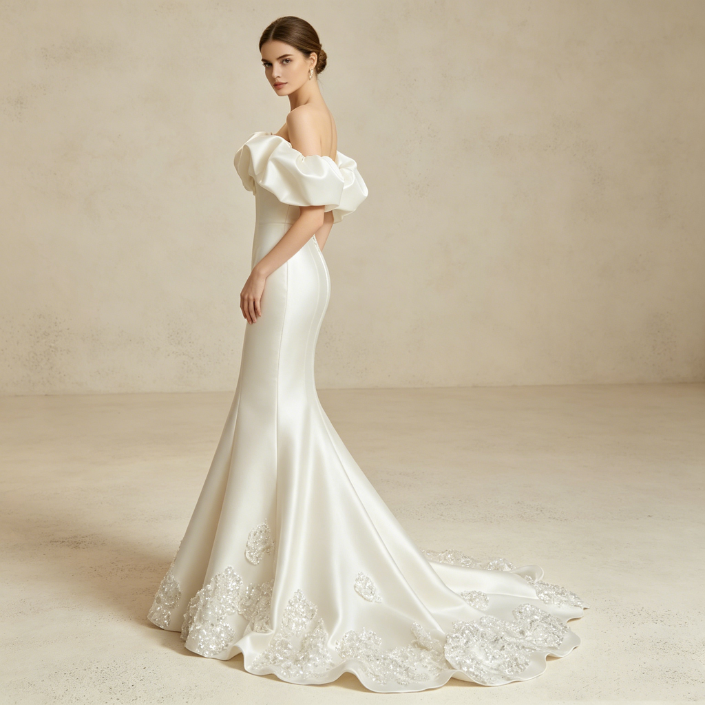 Schulterfreies Meerjungfrau Abendkleid mit Rüschen – Satin Maxikleid
