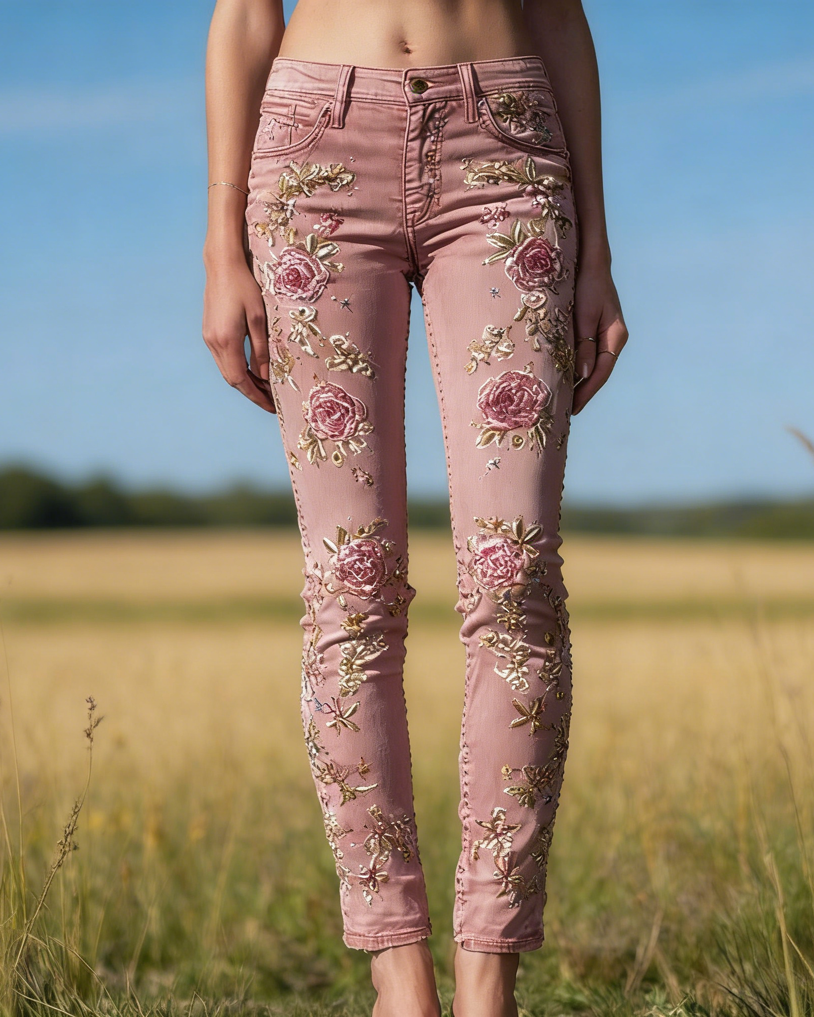 Skinny Jeans Altrosa: 3D-Druck Rosen-Stickerei Optik, Shaping, Denim-Style S-5XL