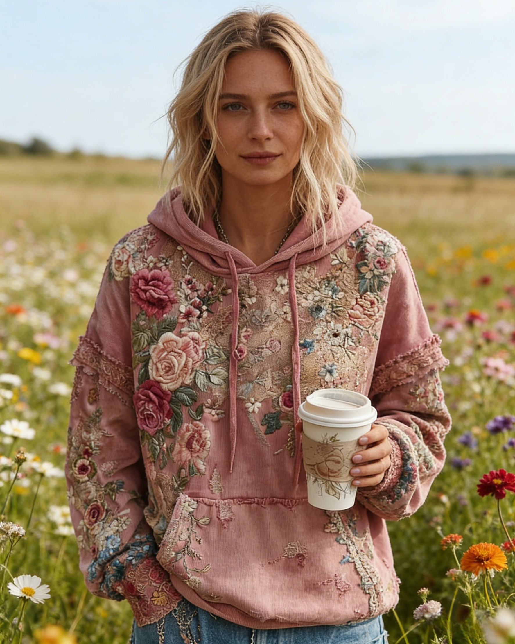 Boho Hoodie Damen Altrosa: Vintage Floral-Print mit 3D-Effekt Rosen, Kapuzenpullover mit Stickerei-Optik, Ganzjährig S-5XL