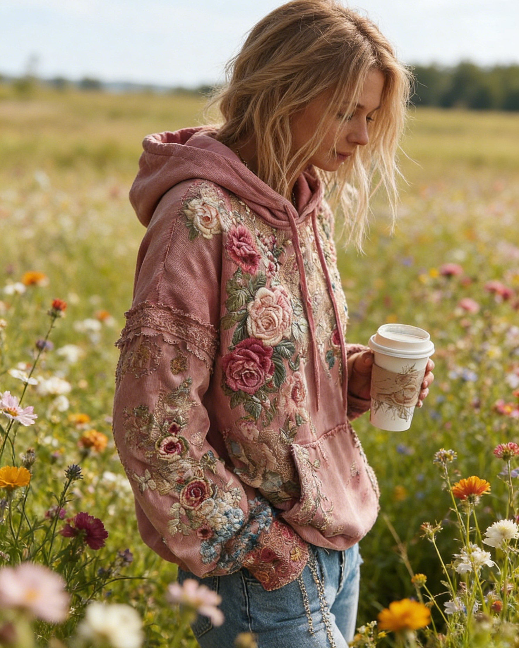 Boho Hoodie Damen Altrosa: Vintage Floral-Print mit 3D-Effekt Rosen, Kapuzenpullover mit Stickerei-Optik, Ganzjährig S-5XL
