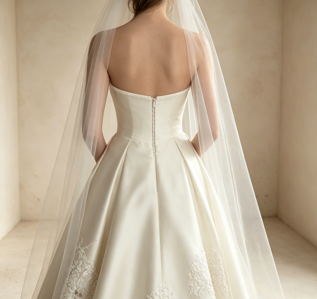 Trägerloses Abendkleid aus Satin mit floraler Bestickung und Schleppe in Creme