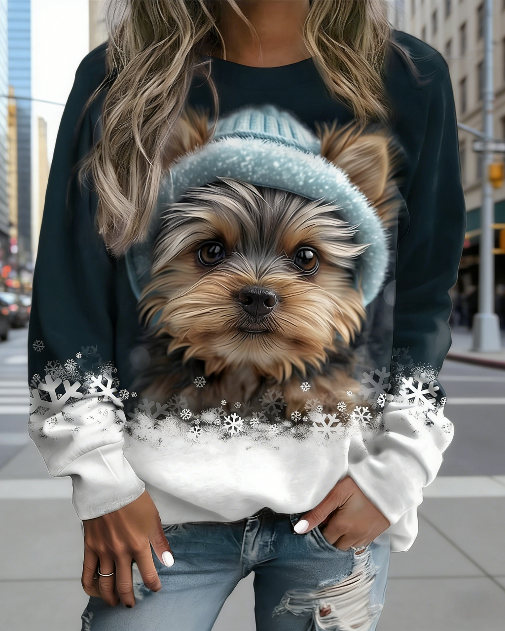 Damen Sweatshirt mit 3D-Hundemotiv Dunkelblau: Süßer Welpe mit Wintermütze & Schneeflocken, Rundhals Grafik-Print, Ganzjährig S-5XL