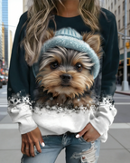 Damen Sweatshirt mit 3D-Hundemotiv Dunkelblau: Süßer Welpe mit Wintermütze & Schneeflocken, Rundhals Grafik-Print, Ganzjährig S-5XL