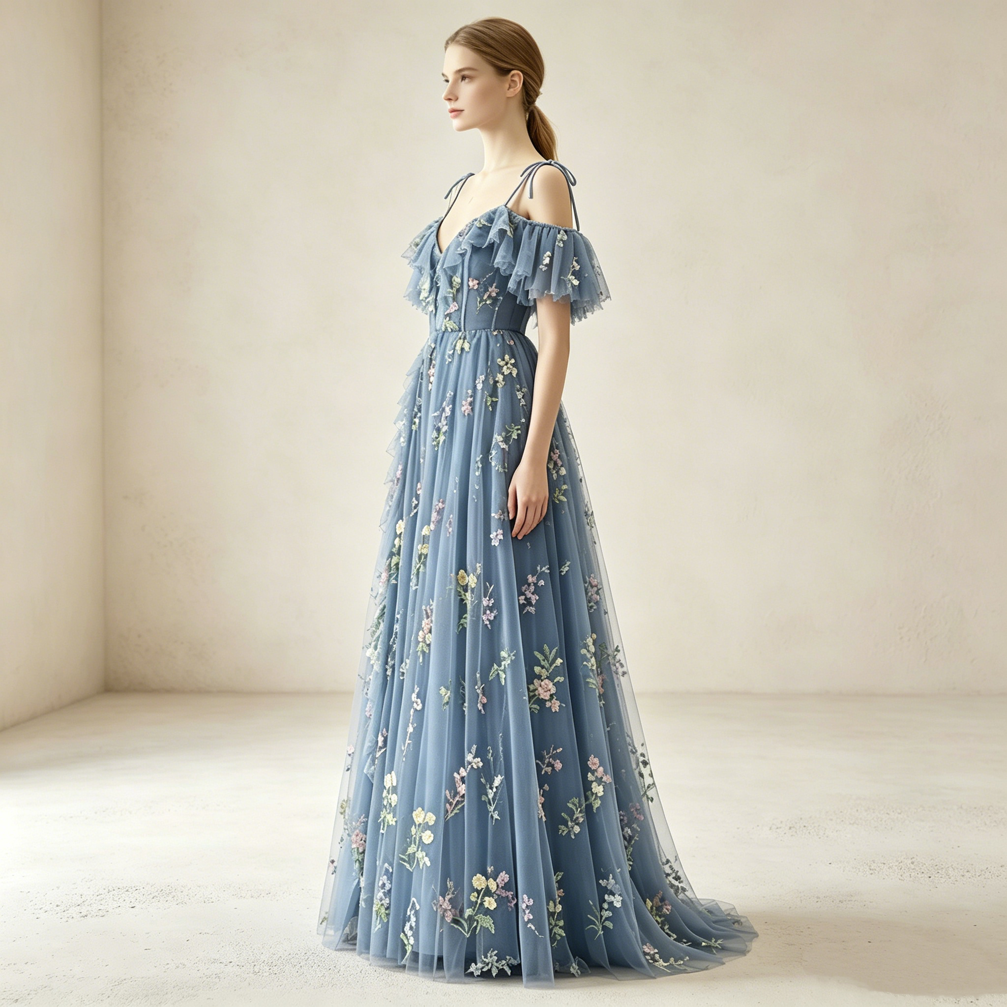 Elegantes Off-Shoulder Abendkleid lang mit Rüschen | Florales Festkleid Tüll