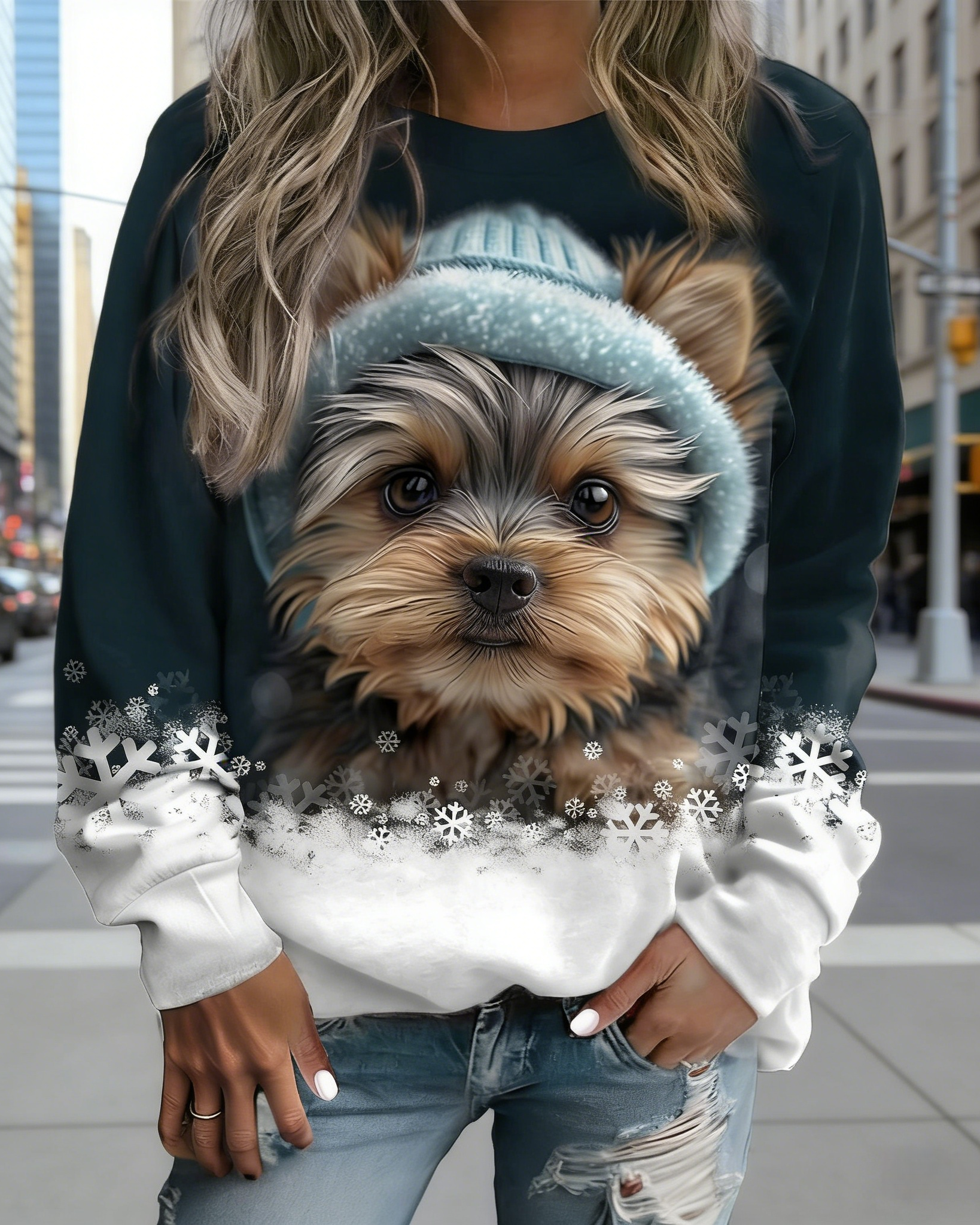 Damen Sweatshirt mit 3D-Hundemotiv Dunkelblau: Süßer Welpe mit Wintermütze & Schneeflocken, Rundhals Grafik-Print, Ganzjährig S-5XL