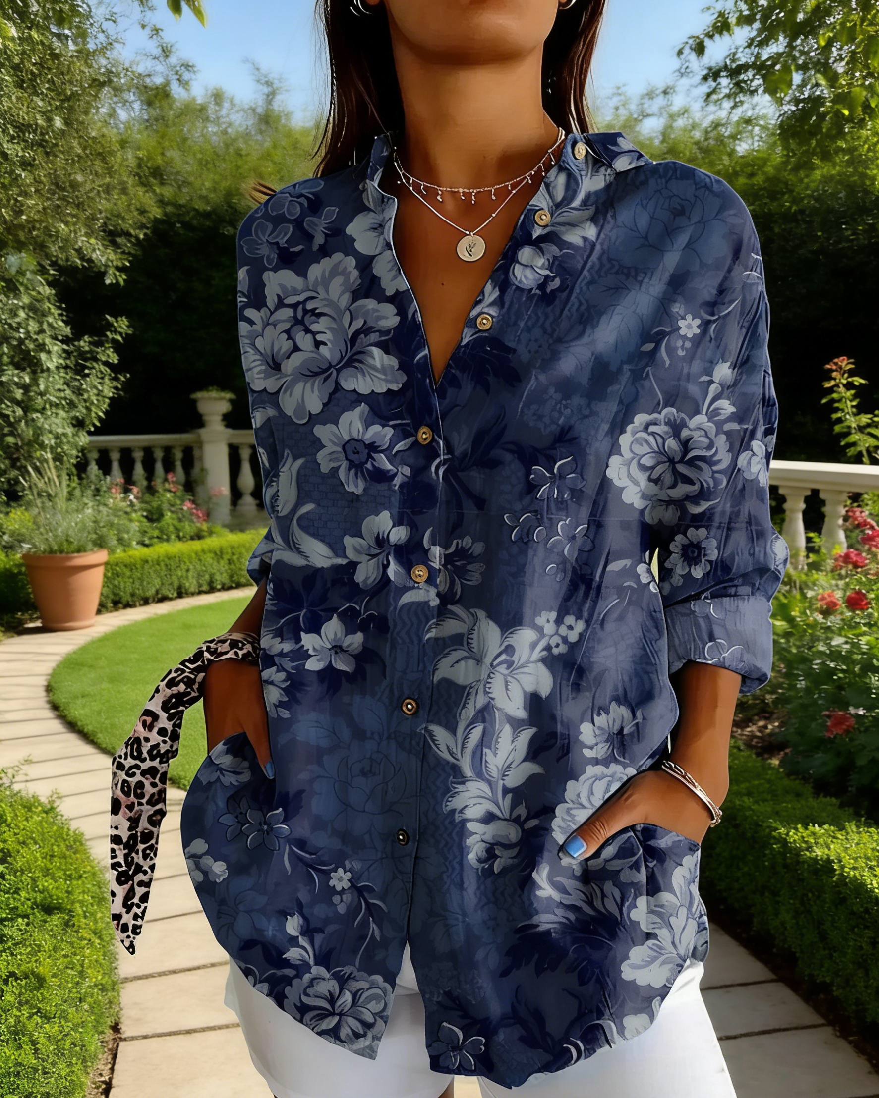 Boho Bluse Damen Blau: Vintage Floral-Print, Reverskragen, Loose Fit, S-5XL,Ganzjährig