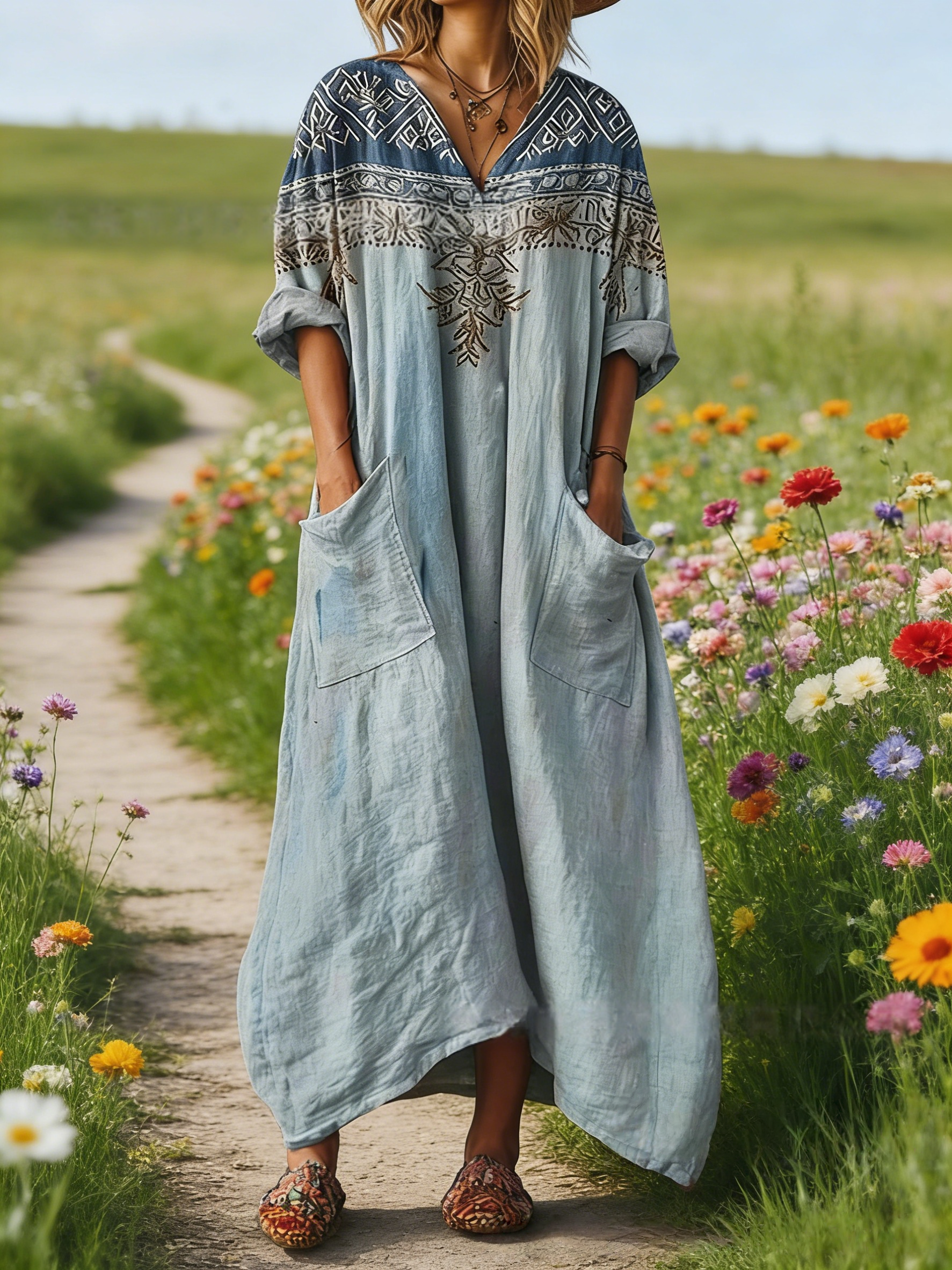 Damen Boho-Maxikleid im Vintage-Stil Hellblau: Nostalgischer Ethno-Print, V-Ausschnitt & Praktische Taschen, Bequeme Passform, Ganzjährig S-5XL