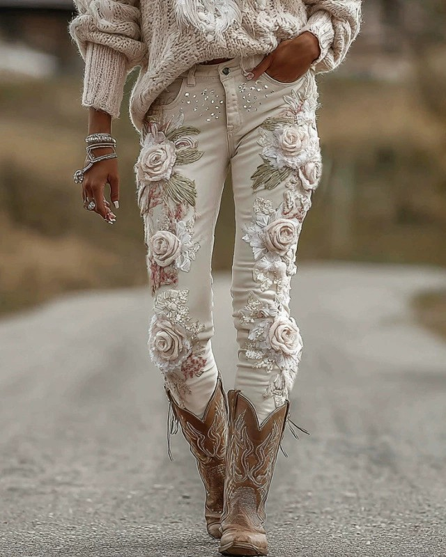 Skinny Jeans Cremeweiß: 3D-Druck Rosen-Stickerei Optik, Shaping, Denim-Look S-5XL