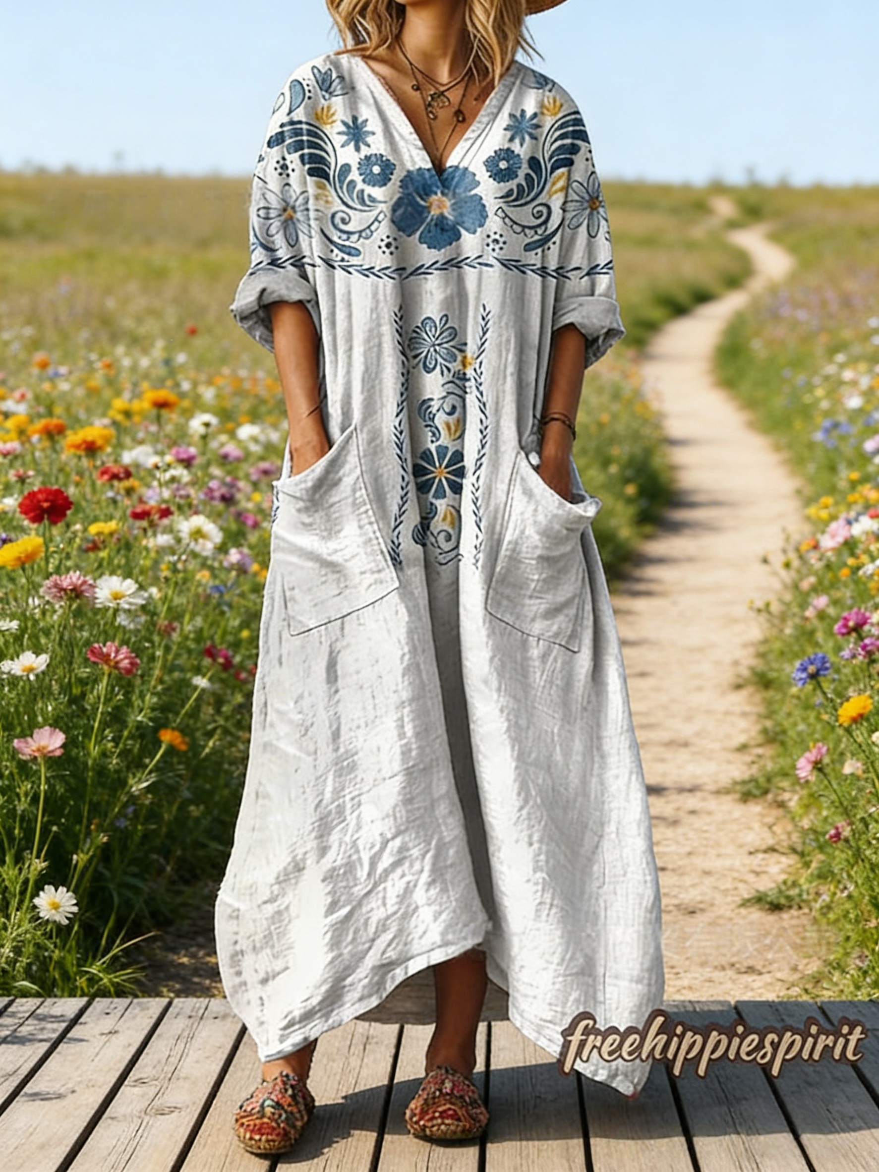 Damen Boho-Maxikleid im Vintage-Stil Violett: Kunstvolles Blumenmuster, V-Ausschnitt & Praktische Taschen, Bequeme Passform, Ganzjährig S-5XL