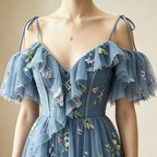 Elegantes Off-Shoulder Abendkleid lang mit Rüschen | Florales Festkleid Tüll
