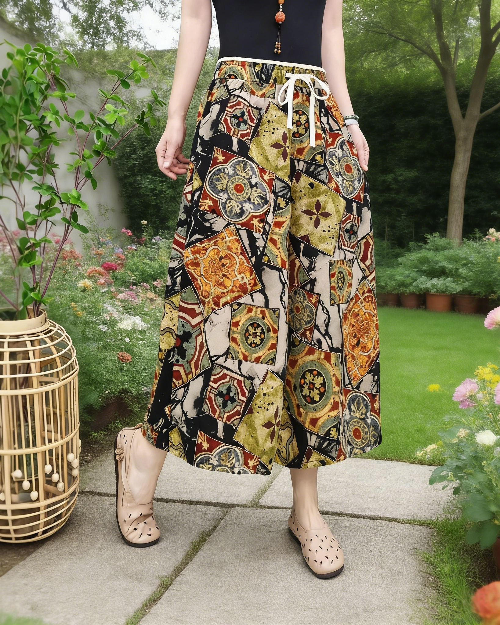 Boho Damen Weite Hose Bunt: Stylische Culotte mit Ethno-Patchwork-Print, Bequeme Freizeithose mit Kordelzug Einheitsgröße