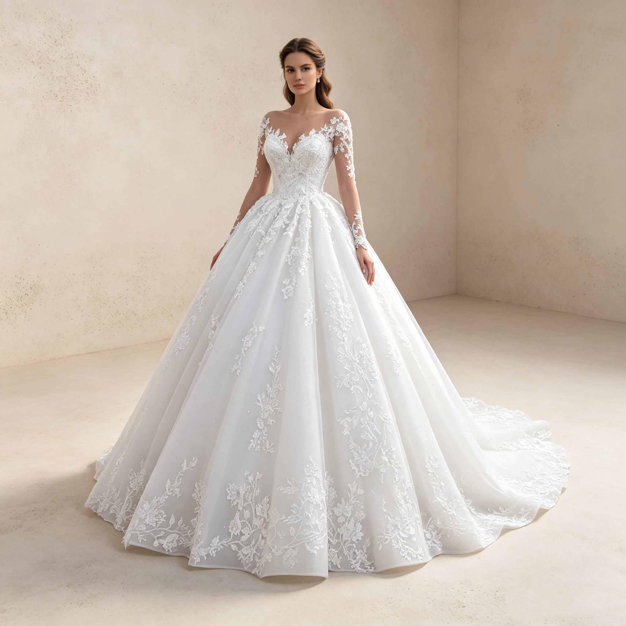 Elegantes A-Linien Abendkleid mit Schleppe Weiß | Prinzessin Ballkleid mit Langen Spitzenärmeln, Tüll & Transparentem Illusion-Ausschnitt