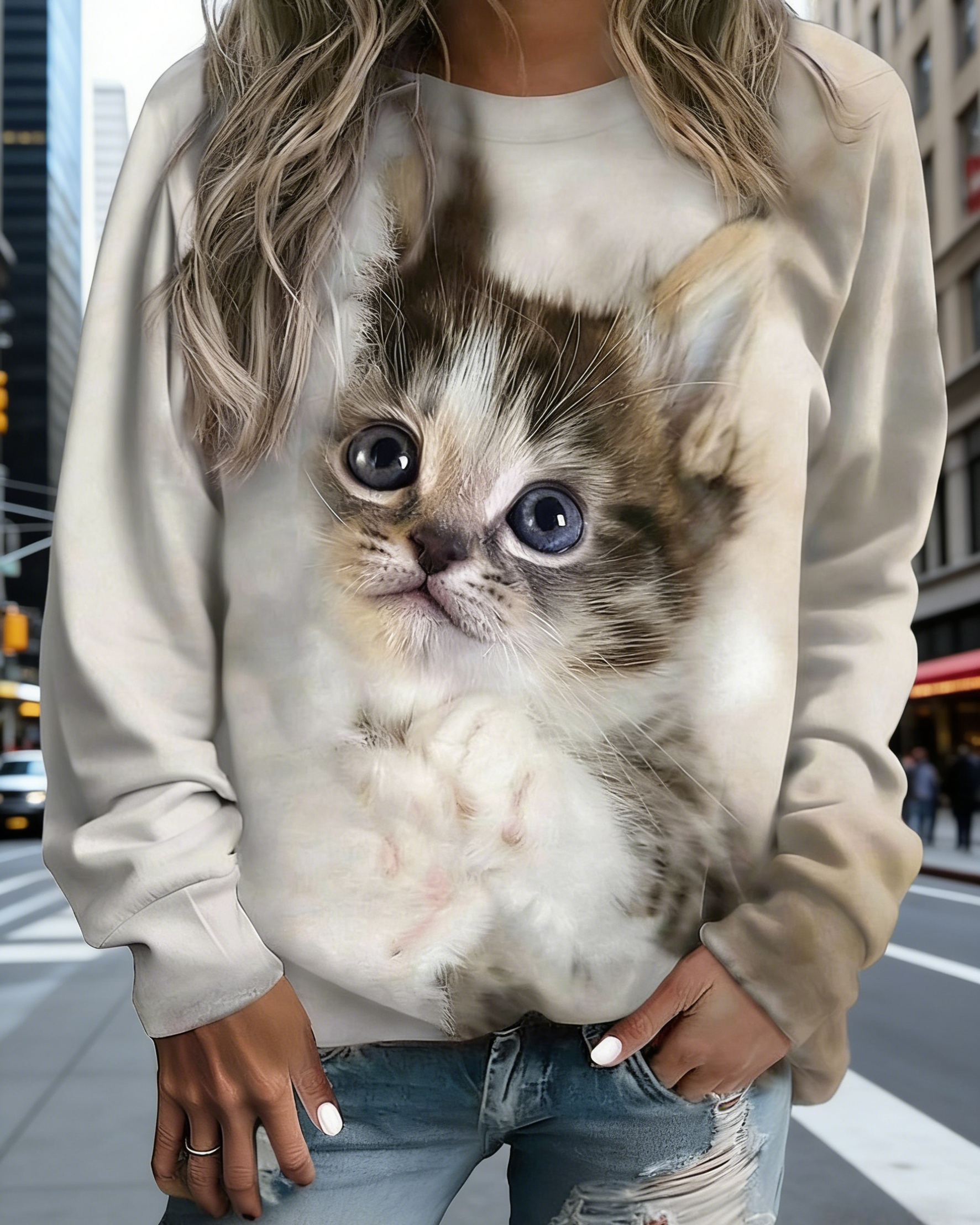 Damen Sweatshirt mit 3D-Katzenmotiv Beige: Süßer Grafik-Print (Kätzchen mit blauen Augen), Rundhals & Bequeme Passform, Ganzjährig S-5XL