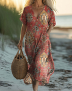 Boho Maxikleid Damen Vintage: Rostrot, V-Ausschnitt, Kurzarm, S-3XL, Ganzjährig