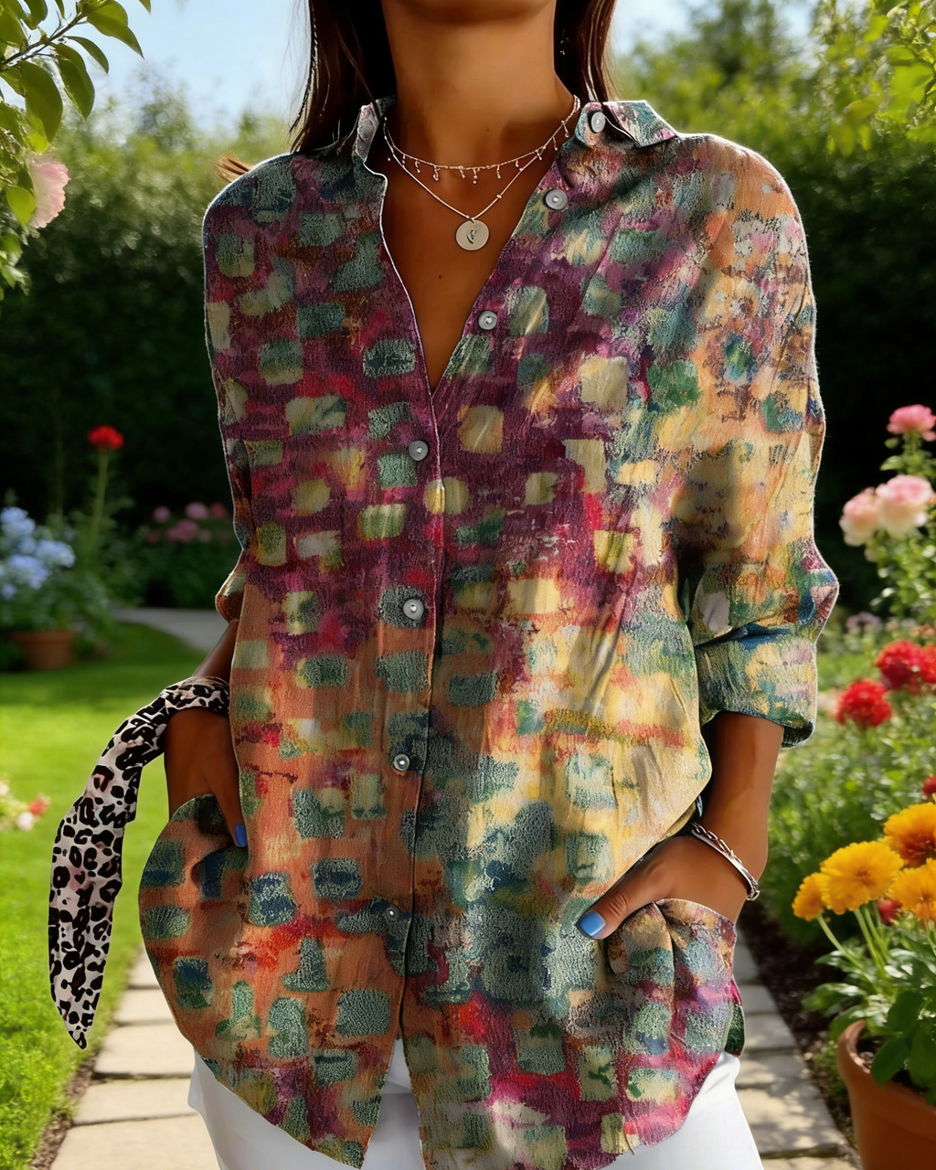 Boho Bluse Damen Bunt: Vintage Abstrakt-Print, Reverskragen, Loose Fit,S-5XL, Ganzjährig