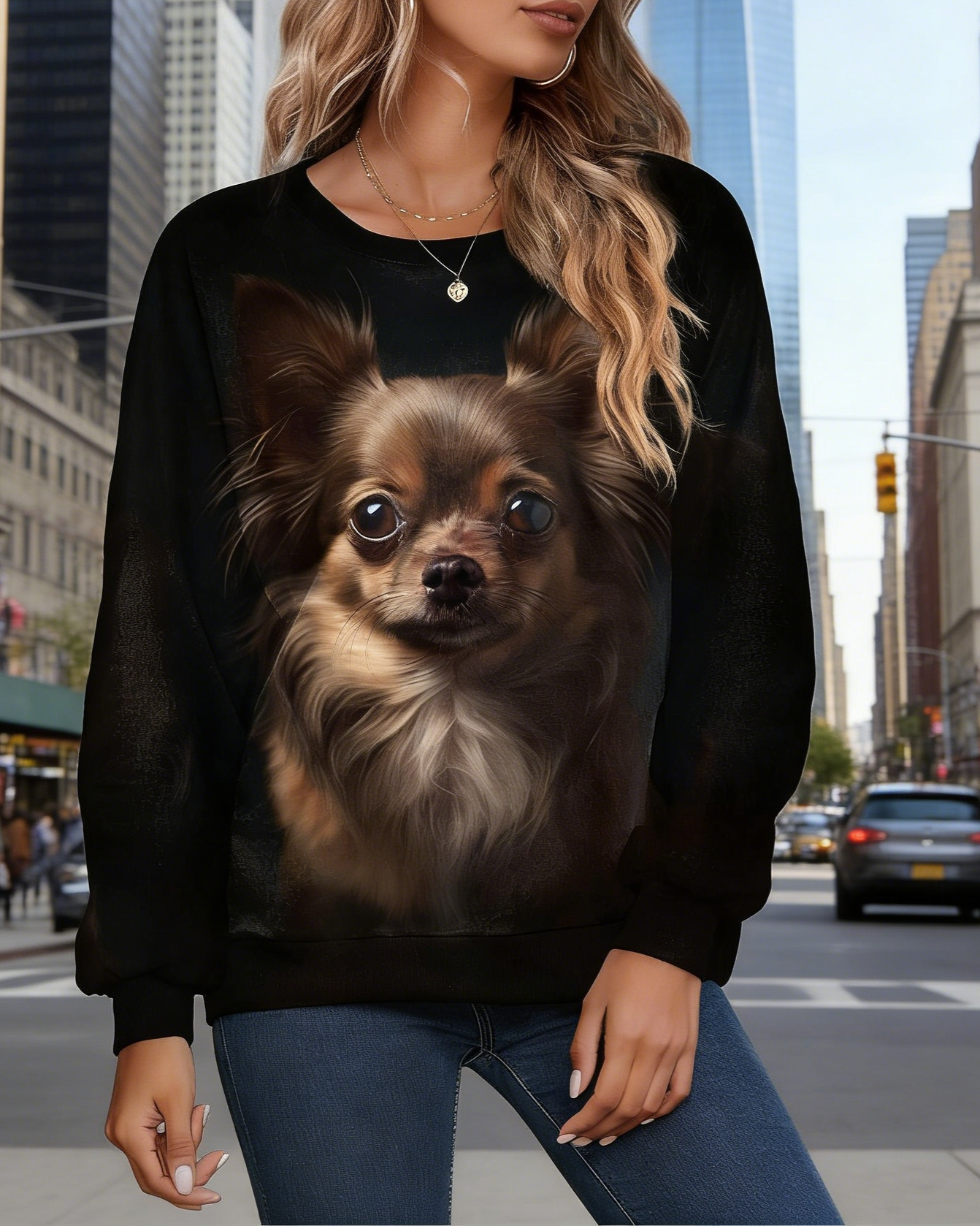 Damen Sweatshirt mit 3D-Hundemotiv Schwarz: Süßer Chihuahua Grafik-Print, Rundhals & Bequeme Passform, Ganzjährig S-5XL