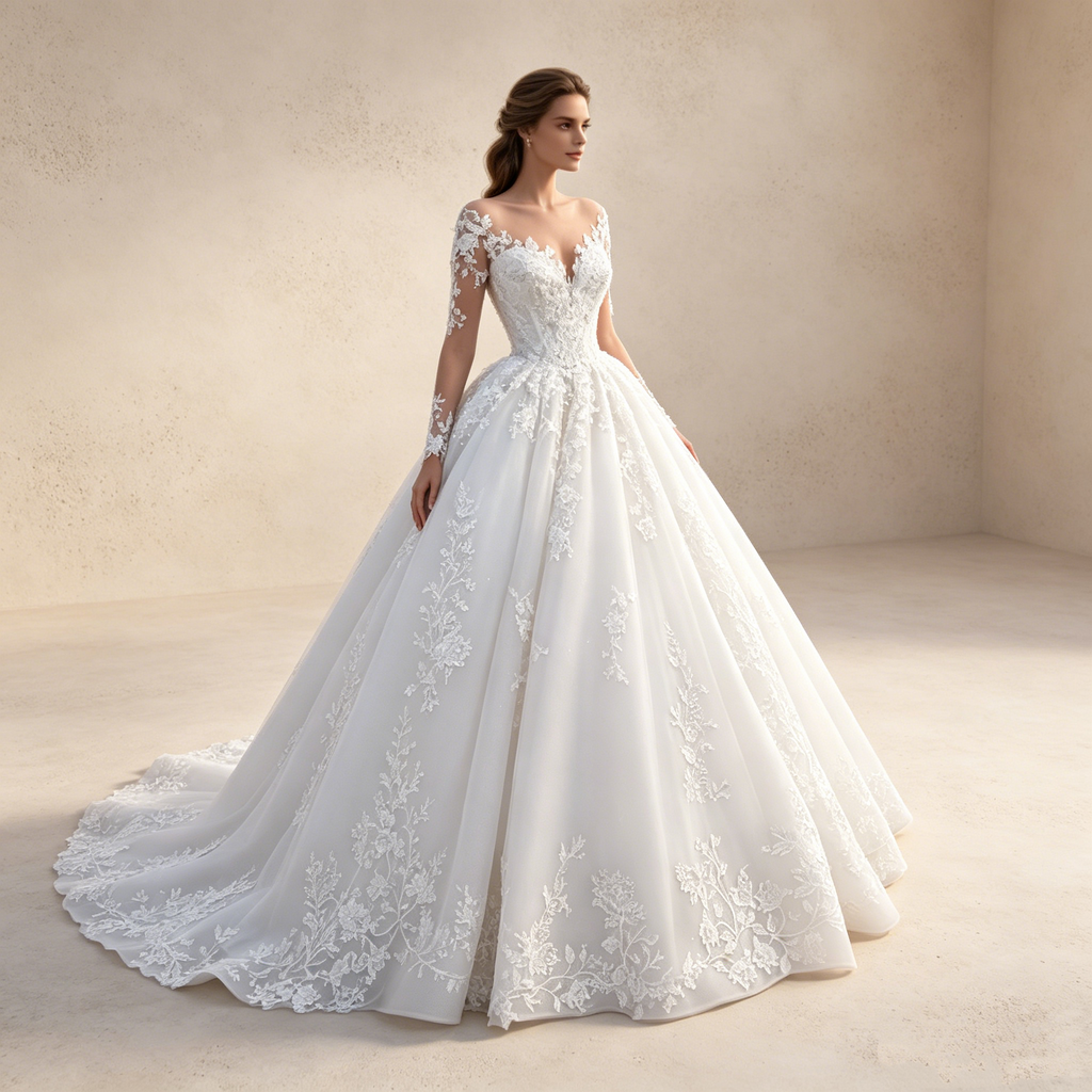 Elegantes A-Linien Abendkleid mit Schleppe Weiß | Prinzessin Ballkleid mit Langen Spitzenärmeln, Tüll & Transparentem Illusion-Ausschnitt