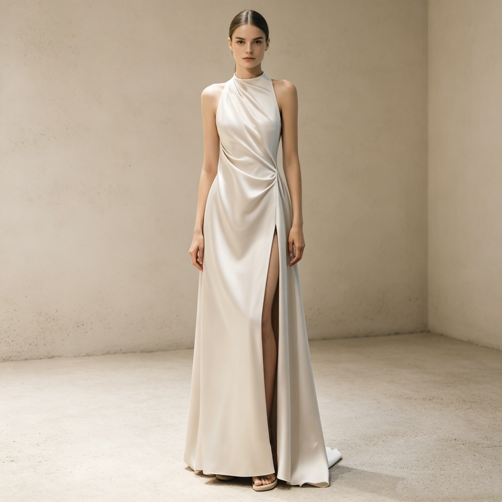 Halterneck Satin Abendkleid Elegant Maxi mit Beinschlitz Neckholder Ballkleid Ärmellos Bodenlang für Damen