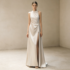 Halterneck Satin Abendkleid Elegant Maxi mit Beinschlitz Neckholder Ballkleid Ärmellos Bodenlang für Damen
