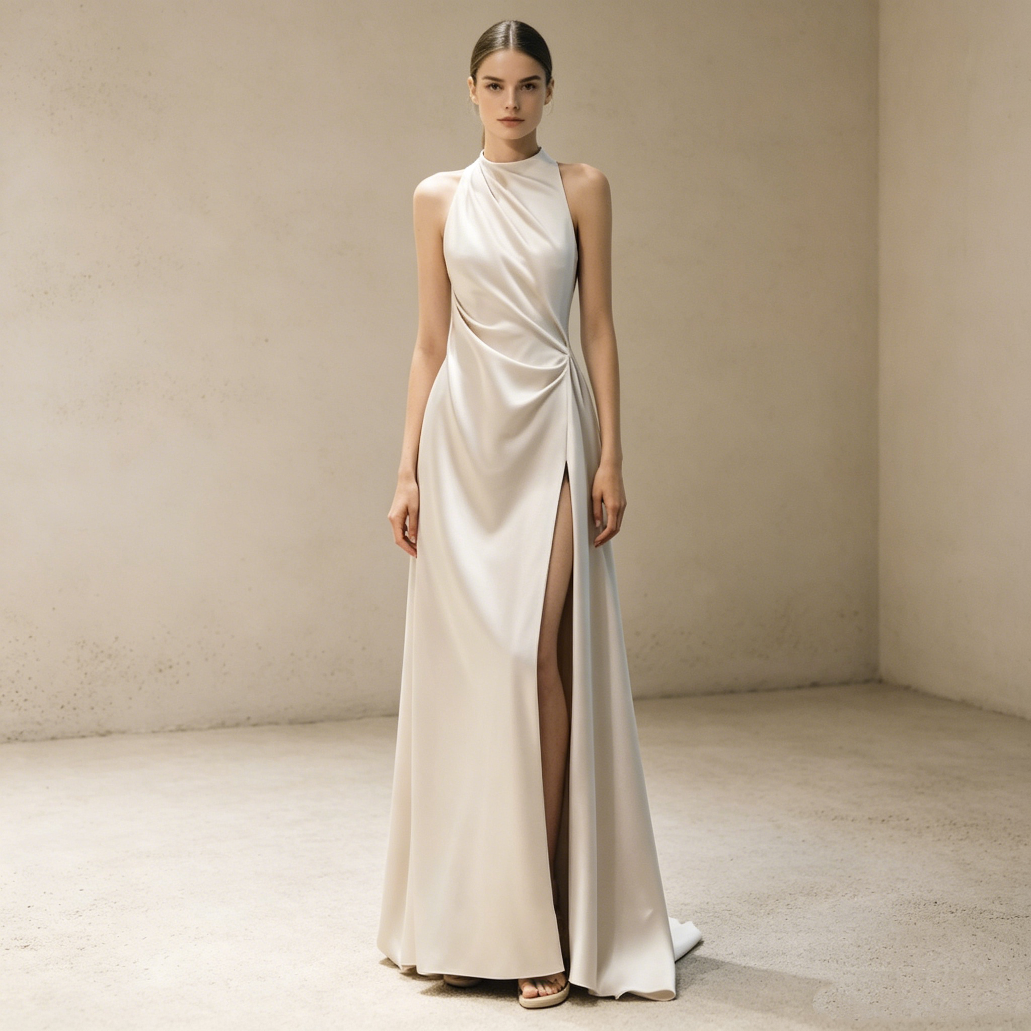 Halterneck Satin Abendkleid Elegant Maxi mit Beinschlitz Neckholder Ballkleid Ärmellos Bodenlang für Damen