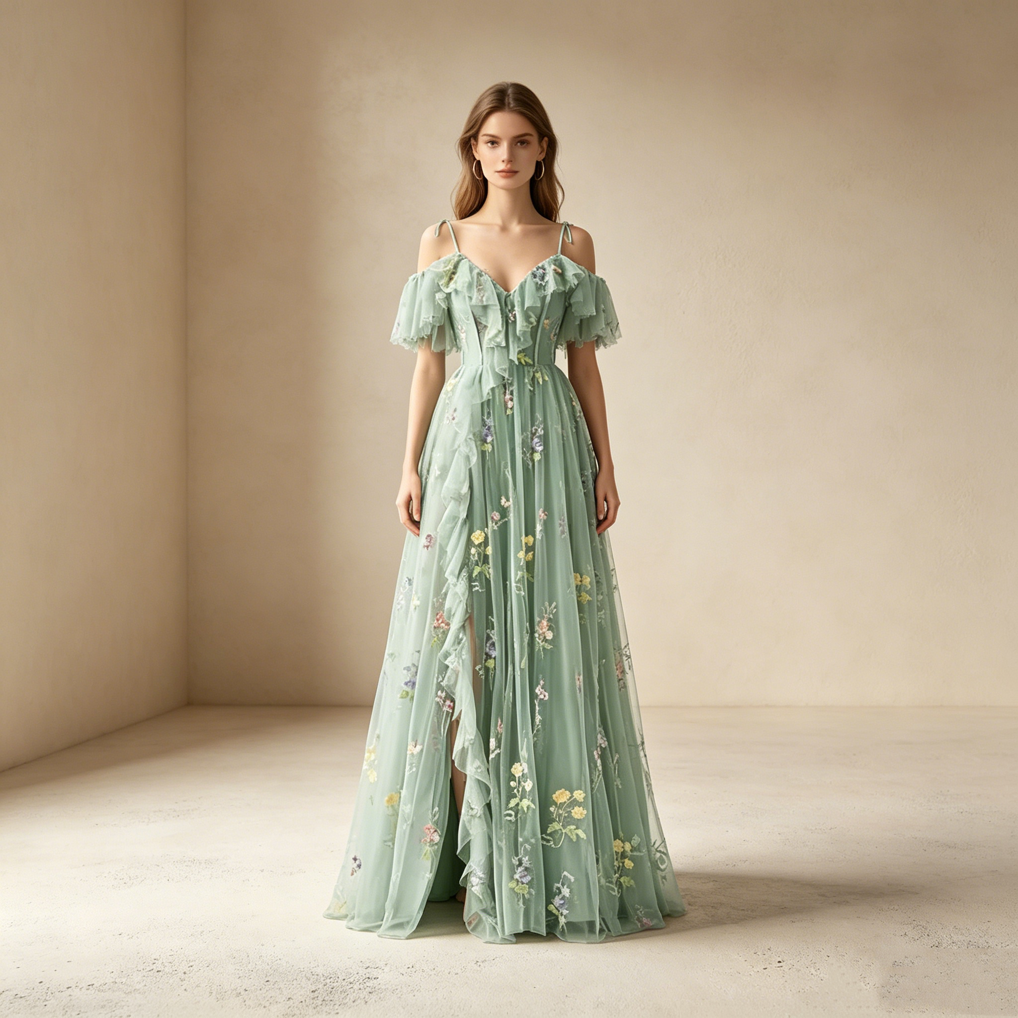 Elegantes Off-Shoulder Abendkleid lang mit Rüschen | Florales Festkleid Tüll