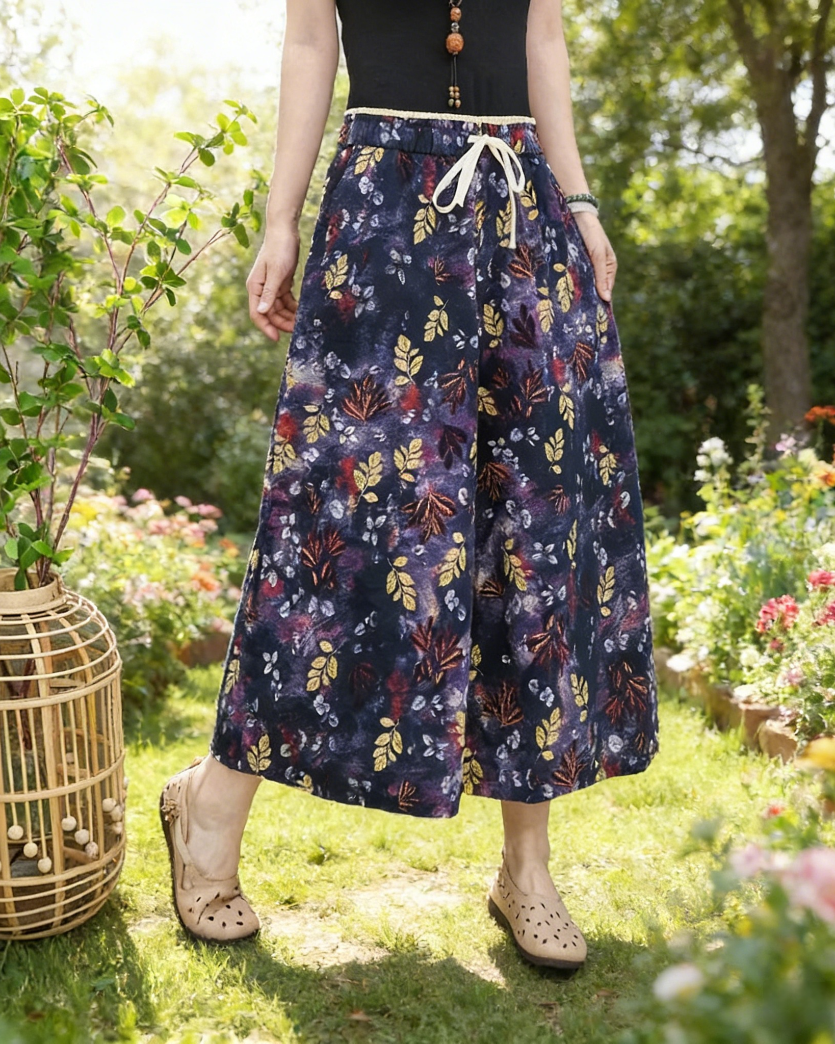 Boho Damen Weite Hose Dunkelblau: Luftige Freizeithose mit Vintage-Blattmuster, Bequeme Baumwoll-Mix Culotte mit Kordelzug Einheitsgröße
